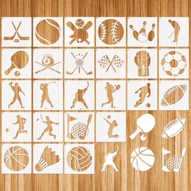 JSRQT Pack of 25 Ball Stencils for Painting, Football Basketball Volleyball Baseball Stencils Painting Reusable Plastic Stencils Templates for DIY Diary, Wood, Canvas, 5 Inches