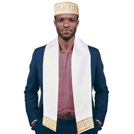 Adebo Off White and Gold Embroidered African Hat and Sash/Scarf