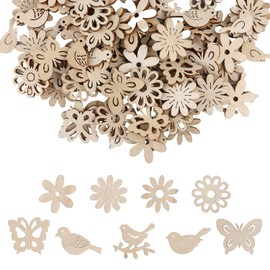 Bojueshaw 100pcs Wooden Craft Shapes Kit,Mini Natural Wooden Slices,Tag Decoupage for DIY Crafting,Painting,Scrapbooking(Flowers,Birds)