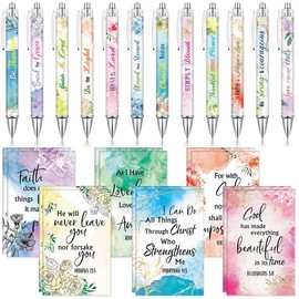 24Pcs Christian Gifts with 12 Motivational Quote Pens and 12 Bible Journal Christian Writing Pens Inspirational Ballpoint Pens Religious Notebooks with Bible Verse Bible Supplies, Gifts for Women  Student Teacher, First Holy Communion Gift, Mother's Day:_Boho