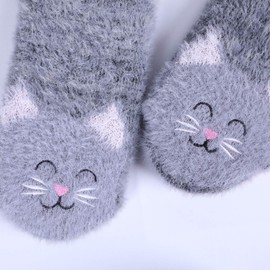 Jeasona House Socks Women's Winter Non-Slip Hut Socks Women's Warm Thick Fluffy Socks Gifts for Women Christmas, Grey cat