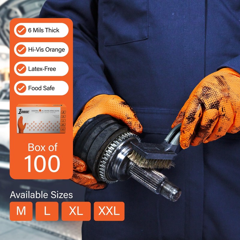 1st Choice 6 mil Orange Gloves, Disposable, Latex Free, Raised