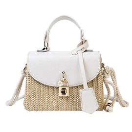 Meyaus Women Mini Lock Decoration Straw Woven Cross-body Shoulder Bag PU Leather Flap Top-handle Bag Handbag