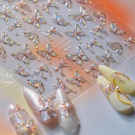 Butterfly Nail Stickers for Nail Art, Aurora Light Shell Butterfly Nail Decals 5D Embossed Pink Fluttering Butterflies Bow Spring Nail Art Supplies for Women Girls (1Sheet)