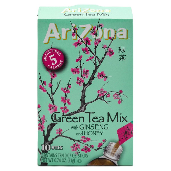 AriZona Green Tea with Ginseng Iced Tea Stix Sugar Free, 10 Count Box (Pack of 1), Low Calorie Single Serving Drink Powder Packets, Just Add Water for a Deliciously Refreshing Iced Tea Beverage