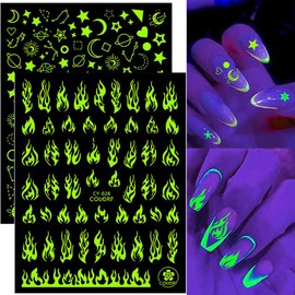 6 Sheets Luminous Nail Art Stickers, 3D Fluorescent Nail Art Supplies Self-Adhesive Nail Decals Butterfly Heart Flame Star Moon Rose Flower Designer Sticker for Women Girls DIY Acrylic Nail Decoration