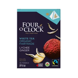 Four O'Clock Organic Fairtrade White Tea Ginger Lychee, Non-GMO, Kosher, Gluten-Free, 15 Count, Pyramid, 37,5g