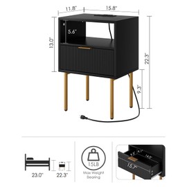 AEPOALUA Nightstand with Charging Station,Small Bedside Table with Gold Frame,Black Night Stand,Bedside Furniture,Side Table with Drawer and Shelf for Bedroom,Living Room,Stripe