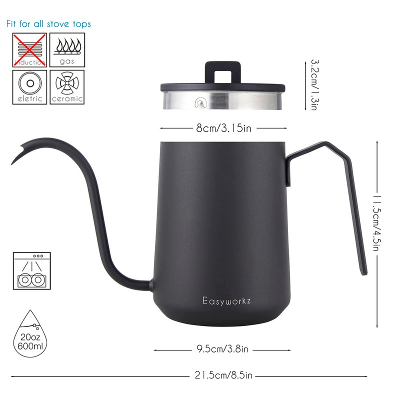 Easyworkz Gooseneck Pour Over Coffee Kettle 600ml Stainless Steel Hand