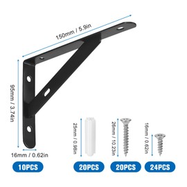 10 Pack Shelf Brackets, (150 x 95 mm, Black) Metal Tripod, Heavy Duty Shelf Bracket, Angle Metal Heavy Duty Wall Mount
