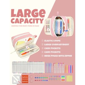 SUNEE Large Pencil Case, Big Capacity Pen Pouch with 3 Compartments, Kawaii Cute Pencil Bag with Zipper, High Storage Stationery Holder and Organizer, School Supplies for Teen and Adult Girls, Pink