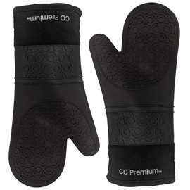 Oven Mitts Heat Resistant Silicone, Kitchen Gloves & Pot Holders, Cotton Lining, Non-Slip, Flexible, Durable, Easy Clean, Cooking, Baking, Grilling, Double Sided, Extra Long (Pair: 2 Oven Mitts) Black