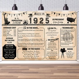 Back in 1925 Backdrop Large Wall Banner, Retro Style Happy 100th Birthday Wedding Anniversary Class Reunion Poster Background for Men Women Party Decorations Supplies