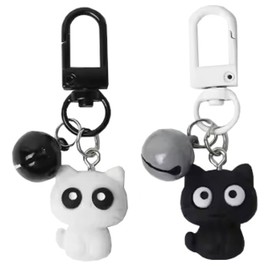 Amily Black Cat & White Cat Matching Key Chain Cute Stylish Present Lanyard Key Ring Bag Charm, Black Cat & White Cat