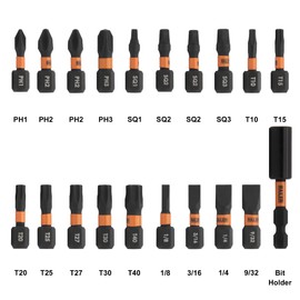 Railer 20pc Screwdriver Bit Set - Premium S2 Steel 1 Inch Impact Driver 20-Piece Bit Set With A Storage Bit Holder & Carabiner