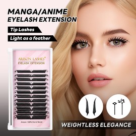 Arison Lashes Premade Fan Anime Lashes Fans False Eyelash Russian Extension Volume Fluff Natural Cat Eye Lashes(Slant Fan-D-8-15Mix)
