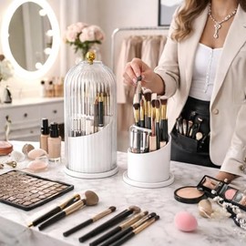 Organizador de Maquillaje Giratorio 360 Grados, Porta Brochas con Tapa  Porta Cepillo de Dientes Baño a Prueba de Polvo, Organizador de Tocador Mujer 