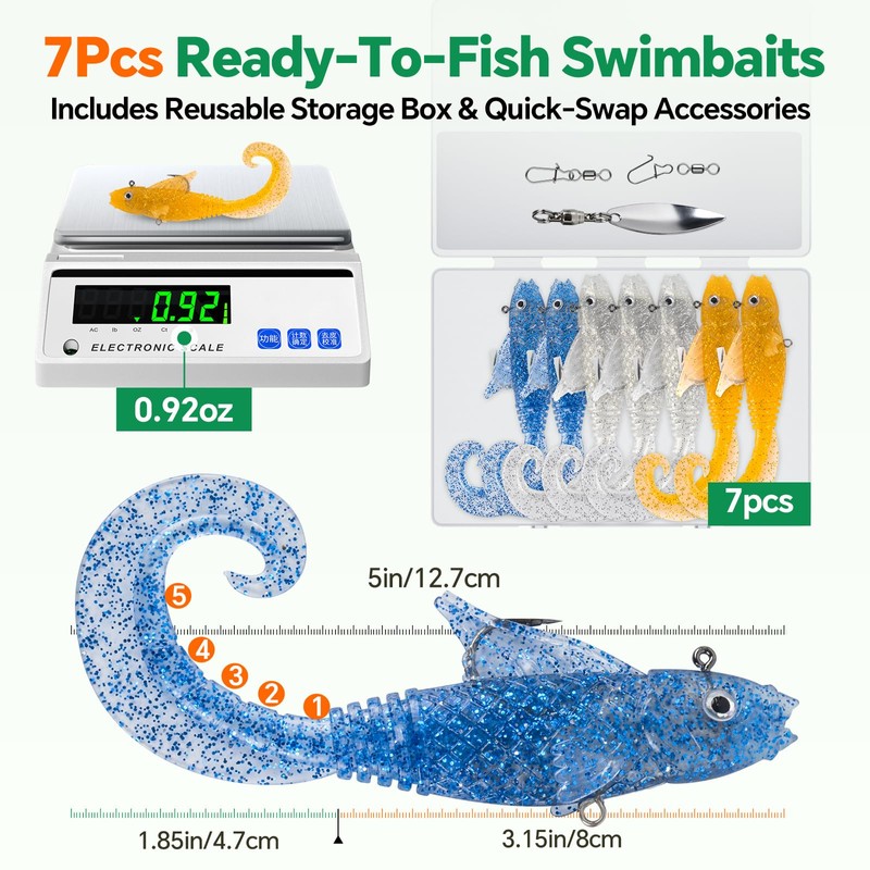 POWJOY 5in Pre-Rigged Curly Tail Swimbaits with Hidden Hook &