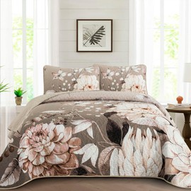 Floral Quilt Set King Size Brown Botanical Bedspread Coverlet Set 3 Pieces Soft Lightweight Flower Quilt Bedding Set for All Season, 104"x90"