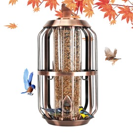 Squirrel Proof Bird Feeders for Outdoors Hanging, Metal Large Cage Wild Bird Feeder with Clear Tube for Outside, 5.5-Pound Seed Birdfeeder, 4 Ports, Chew-Proof Weather Resistant Birding Watching