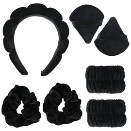 Set 7 en 1 AGTOWM en negro: diadema nube ergonómica, muñequeras, borlas y scrunchies