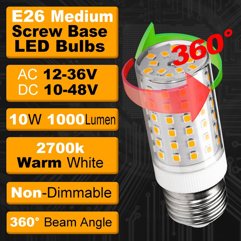 Hylroe E26 12V 24V Medium Screw Base LED Bulbs 2700K