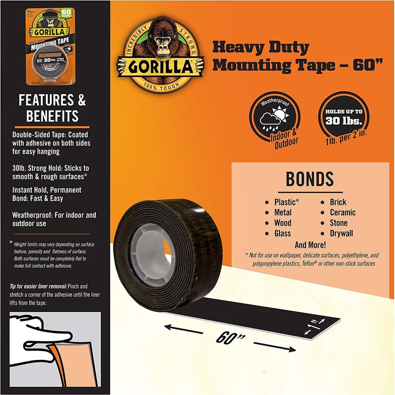 Gorilla - Heavy Duty Double Sided Mounting Tape; Weatherproof; 1"