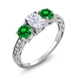 Gem Stone King 925 Sterling Silver Green Created Emerald and White Moissanite Women Ring (2.70 Cttw, Available In Size 5, 6, 7, 8, 9)
