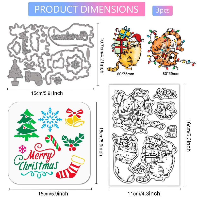 GLOBLELAND Christmas Cartoon Cat Clear Stamps Cutting Dies PET Painting