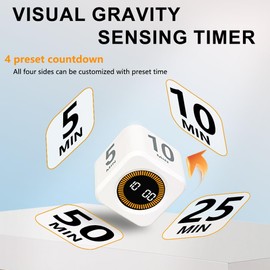 PULIVIA Visual Rotating Timer with 5, 10, 25 50 Minutes Preset, Desk Cube Count Down/up Timer, Rechargeable Custom-time Mute/Sound, Ideal for ADHD Work Learning Kitchen, White