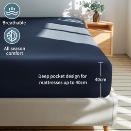 Tifschlaf Double Fitted Sheet Deep - Navy Blue Bed Sheet Extra Deep Pocket 16 inch (40 cm), Soft Brushed Microfiber Mattress Bottom Bedding Sheet, 135x190cm