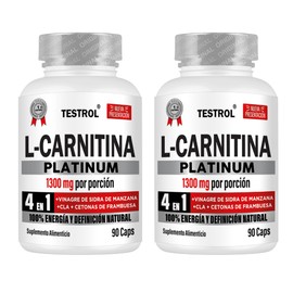 L Carnitina Platinum 4 en 1 1000mg Carnitina, 200mg Vinagre de Manzana, 50mg CLA, 50mg Cetonas de frambuesa por porción. Para Hombres y Mujeres. Testrol. 90 Cápsulas Combo 2 unidades.