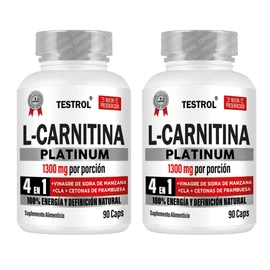 L Carnitina Platinum 4 en 1 1000mg Carnitina, 200mg Vinagre de Manzana, 50mg CLA, 50mg Cetonas de frambuesa por porción. Para Hombres y Mujeres. Testrol. 90 Cápsulas Combo 2 unidades.