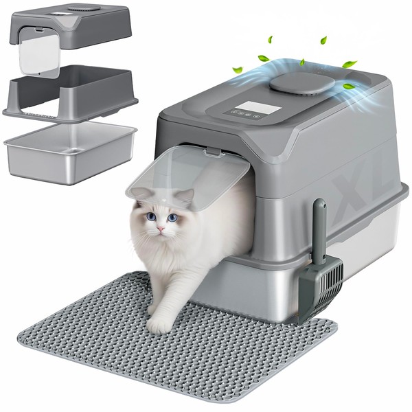 XL Stainless Steel Litter Box with Lid, Plasma Deodorizing Metal