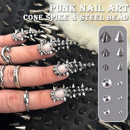 3D Mini Metal Punk Nail Art Studs Mixed Sizes Silver Black Cone Spike Studs Silver Half Round Steel Beads Nail Rivets Jewelry Goth Nail Art Charms Manicure Supplies DIY Crafts Decorations