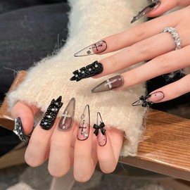 Handmade Press On Nails Long MouyouGlow, Stiletto Black 3D Crystal Cross Charms Bow Tie Bow Black Stars Hot Chick Y2K Resuable Fake Nails, Handmade Artificial Fingernails, 10 Pieces 404-M