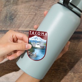 Die Cut Sticker Tacoma, Washington, Ferry and Mount Rainier Scene, Contour Vinyl Sticker 3 to 6 inches, (Waterproof Decal for Cars, Water Bottles, Laptops, Coolers), Large