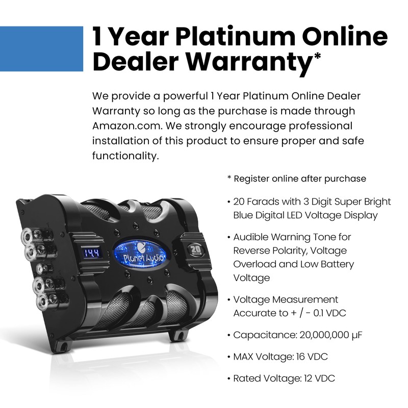 Planet Audio PC20F Car Capacitor - 20 Farad, Energy Storage,