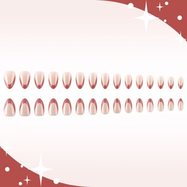 24Pcs Press on Nails Short Almond Fake Nails French Tip False Nails Nude Glue on Nails with Designs French Almond Shaped Reusable Artificial Nails for Women DIY Nail Decoration Stick on Nails