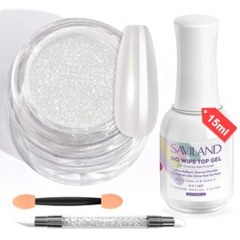 SAVILAND Chrome Nail Powder Kit: Metallic Mirror Effect Pigment White Pearl Chrome Nail Powder with 15ml No Wipe Top Gel Sculpture Pen for Gel Polish Manicure Glitter DIY Nail Art Decoration Home Use