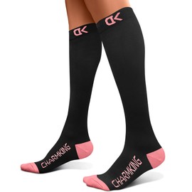CHARMKING Compression Socks for Women & Men 15-20mmHg for Optimized Venous Support & Enhanced Circulation (Black/Pink, Large)
