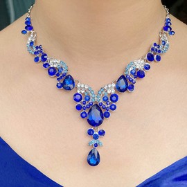 Wedity Bridal Wedding Crystal Necklace Earrings Set Floral Choker Necklaces Teardrop Jewellery for Women and Girls (Blue)