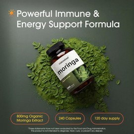 NatureBell Moringa 8,00mg Per Serving - 240 Capsules - Organic Moringa for Daily Immune, Energy & Skin Health Support* - Green Superfood - 3rd Party Tested, Non-GMO & Gluten-Free