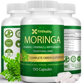 FitVitality, 150 Veggie Moringa Premium Capsules –Moringa Leaf, Ginkgo Biloba Leaf, Turmeric Extract, Ashwagandha & Tulsi Holy Basil – 100% Natural Herbal Blend.