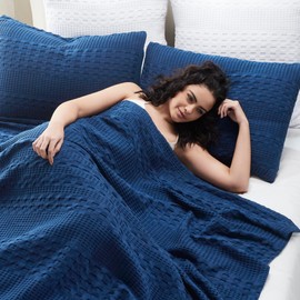 VHC Brands 100% Cotton Waffle Weave King Blanket 120x120 & Sham Set of 2 (20x36), Lightweight Spring & Summer Bedding, Boho Farmhouse Bedroom Decor for Bed, Couch, or Sofa, Navy Blue