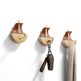 Delenius Wall Decorative Wood Sailboat Hooks for Hanging Hat, Purse, Backpack, Bag, Jacket. Leather & Wood, Gold/Brass Hardware, Simple Hook, Small Space Organization, Coffee Bar. Set of 3