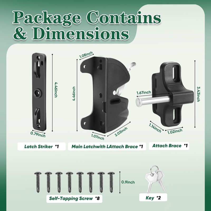 Gate Latch Key, Built in Stainless Steel Lock Tongue, Adjustable,