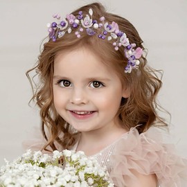 Campsis Princess Flower Girl Headband Purple Pearl Headpiece Crystal Wedding Hair Accessories for Girls.