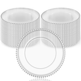 50 Pack Silver Clear Charger Plates With Beaded Rim, 13 Inch Dinner Charger Plates, Bulk Plastic Floral Table Plate for Dinner Wedding Table Setting Decoration(Silver)