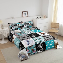 Kawaii Western Bedding,Cute Horse Queen Size Comforter Set For Teen Boys Girls,Rustic Farm Animal Bedding Set Cowboy Cowgirl Boho Comforter Arrow Rose Flower Horseshoe Quilt Set 2 Pillowcases Teal